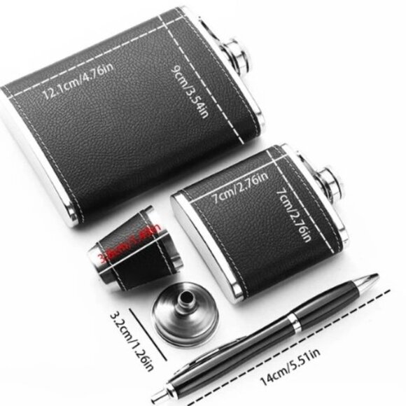 Flask Set Black 5 Piece Metal PU Leather - Picture 3 of 4